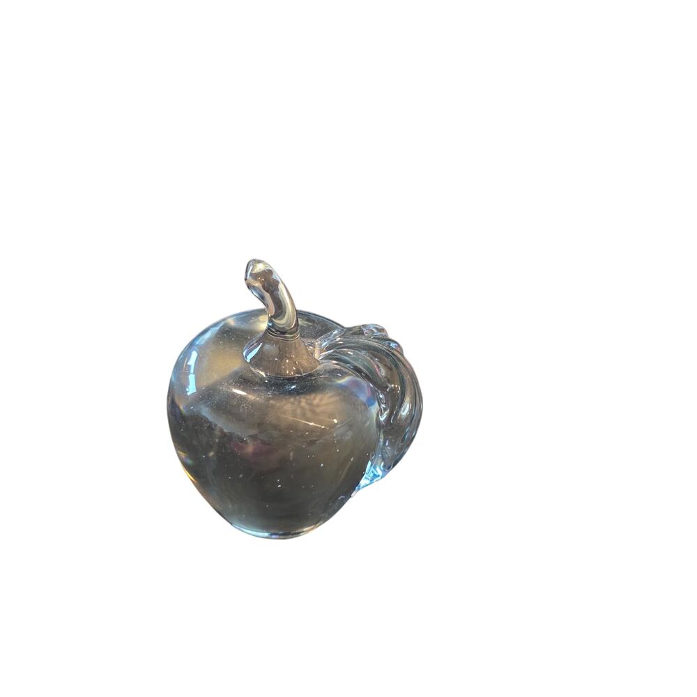 Clear Art Glass Apple with Stem & Leaf Paperweight 4"